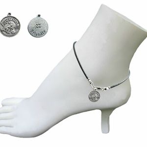 Black Leather Anklet ~ Aquarius Zodiac Charm